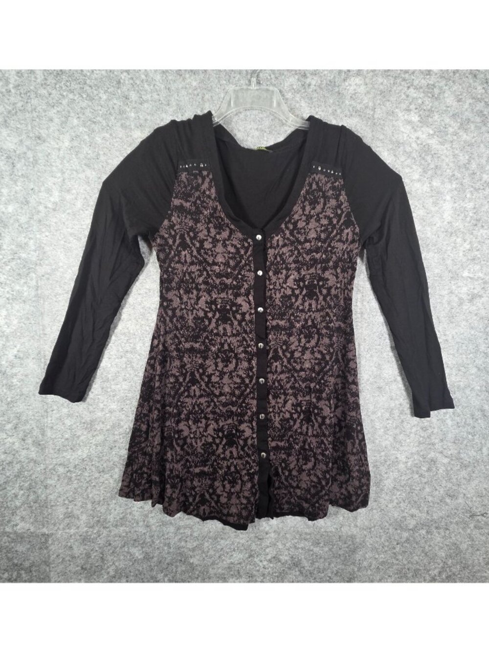 Dolcezza Women's Button Front Tunic Black and Pink V neckline Long Sleeve Size S